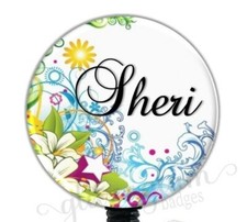 Personalized Name Badge Reel, Flowers Badge Reel, Nurse Badge Holder GG2144