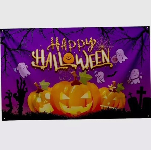 Halloween Backdrop Happy Halloween Banner Purple Pumpkins 71" x 43" ~6' x 3.5'
