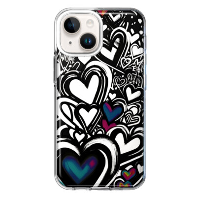 For Apple iPhone 14 Plus Shockproof Case Black White Hearts Graffiti