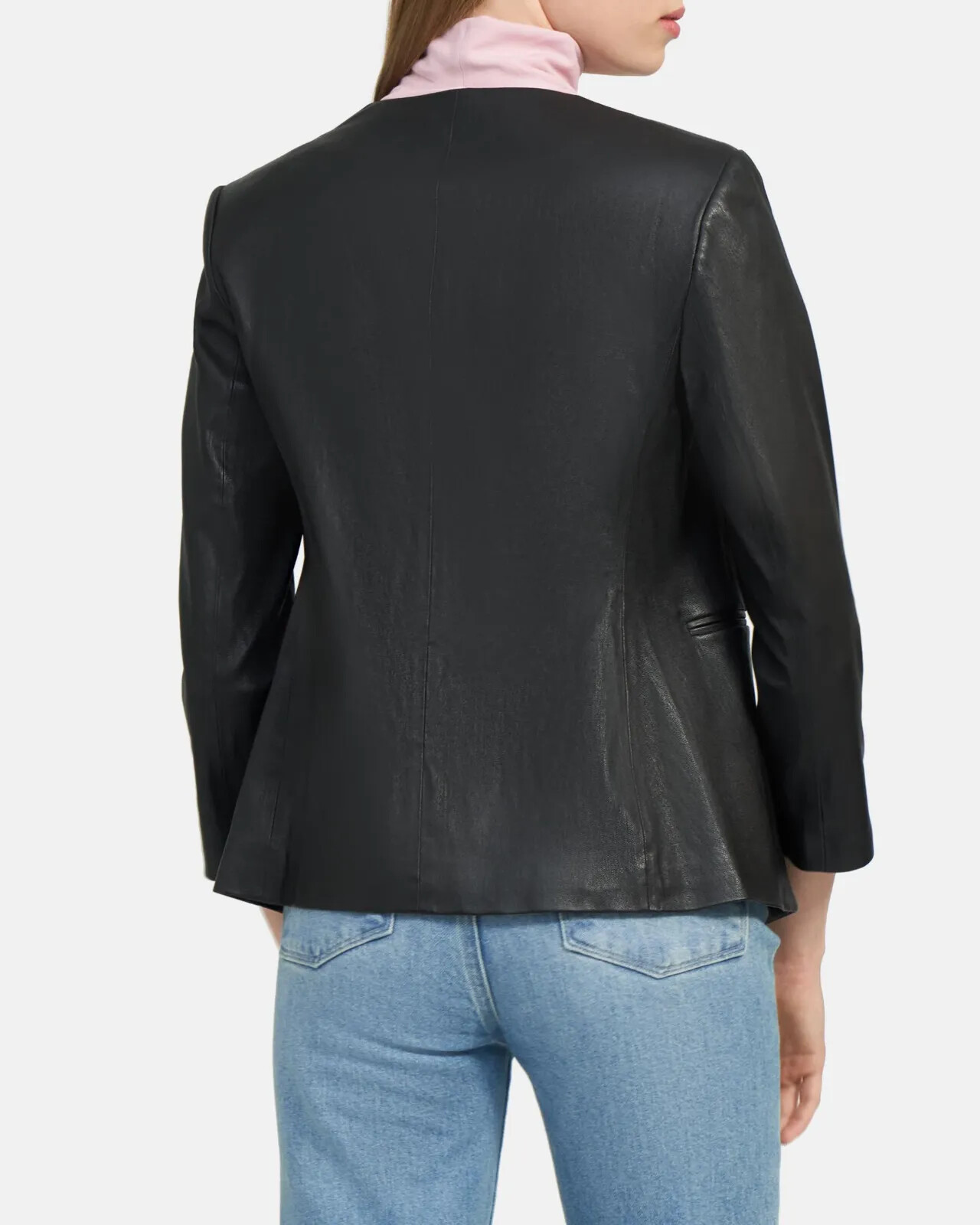 $995 NWT THEORY Sz10 LINDRAYIA BRISTOL STRETCH LAMB LEATHER OPEN JACKET BLACK image 9