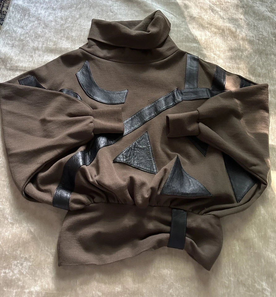 Pom Pom Frank Owen Suéter Vintage Lana Cuero Manga Ala de Murciélago Marrón Negro Glamour Foto 4 de 4