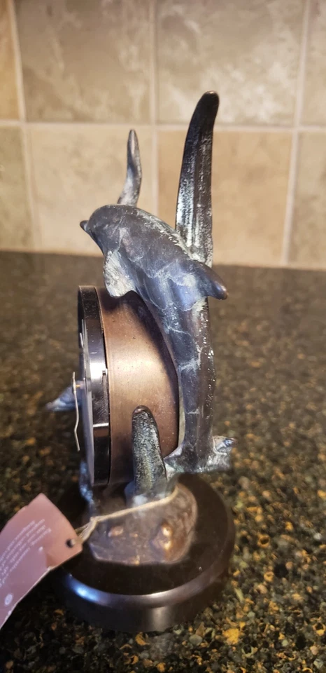 Stunning Brass Frame Marble Base Coastal Dolphin Tabletop Clock Home Decor - Image 3 of 4