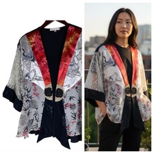 Spencer Alexis XL 14 16 Kimono Cardigan Jacket Shirt Silk Artsy Asian Floral gg