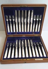 GOOD CASED 24 PCE. ANT. SOLID SILVER / M.of PEARL DESSERT K. & F.    SHEFF. 1904