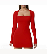 Women’s Red Square Neck Solid Bodycon Mini Dress Long Sleeve Regular Size M