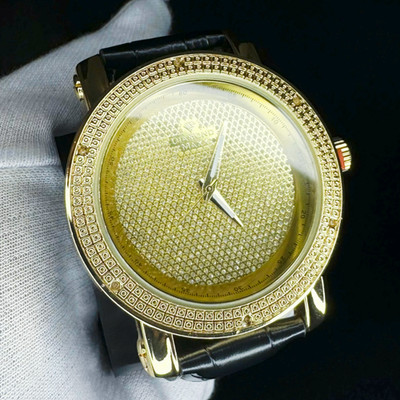 Luxury Gold Tone Men s Diamond Watch, 18K Micron Finish ,Japan Movement Leather 