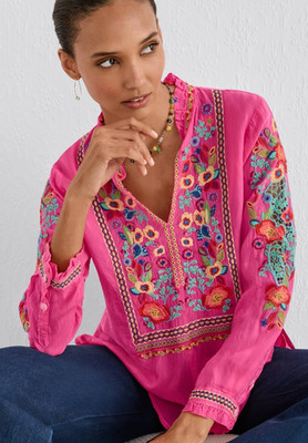  Johnny Was Simone Raspberry Rose Embroidered Blouse Sz M NWT Cupro Boho $298