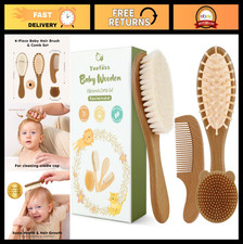 4-Piece Baby Hair Brush Comb Set - Soft Goat Hair, Wooden Brushes for Boys G
