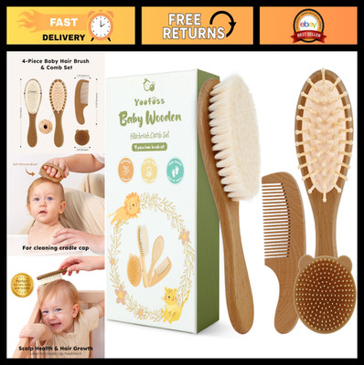 4-Piece Baby Hair Brush & Comb Set - Soft Goat Hair, Wooden Brushes for Boys & G