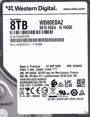 WD80EDAZ-11CEWB0 s/n: RD08 R/N: 3VAHA2 SEP 2025 8TB SATA 3.5'' WESTERN DIGITAL