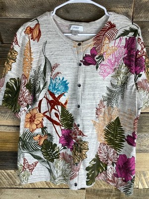 CJ Banks Women's Top 1X Beige Floral Cotton Button Front