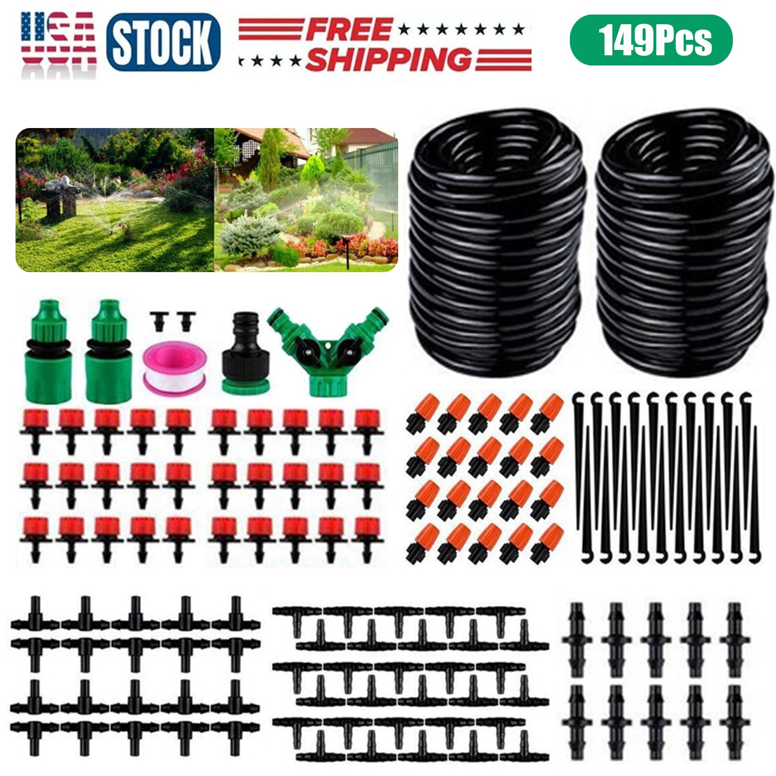 100FT Drip Irrigation System Garden Plant Self Watering Micro Hose Sprinkler Kit