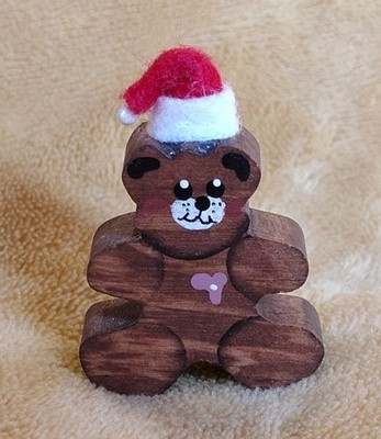VTG 1986 Handmade Wooden Teddy Bear Figurine Christmas Santa Hat Renee Reima 