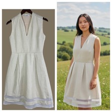 Tahari Sz 2 Small Dress LINEN Beige Ivory Slvss. V-Neck Coastal Chic @