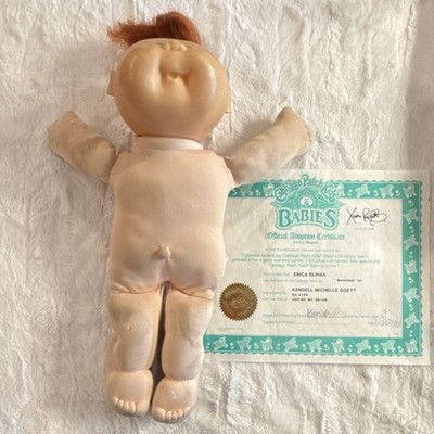 Cabbage Patch Kids 1991 Baby Puppe rote Haare blau Outfit Adoptionszertifikat