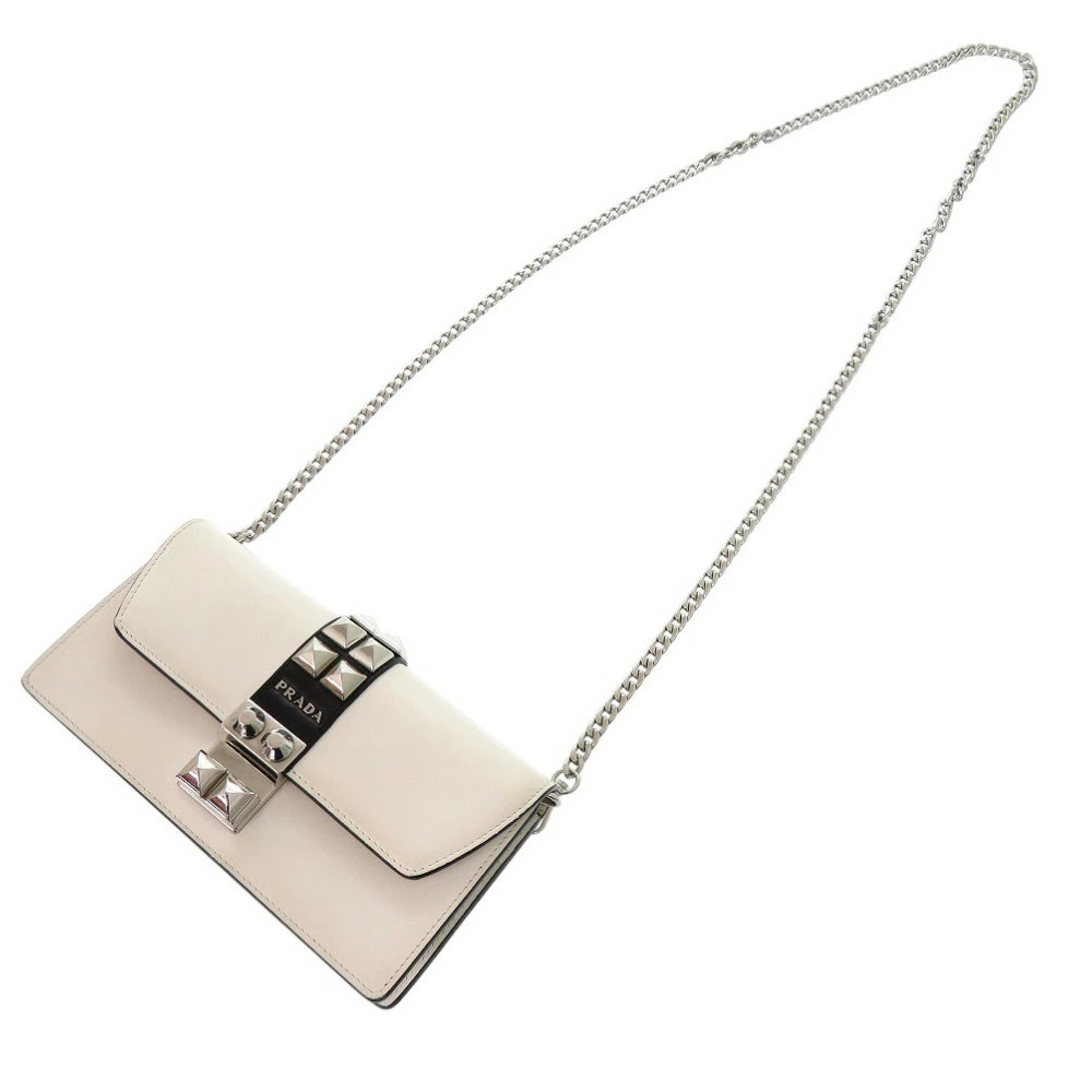 Prada Authentic Studded Chain Wallet Crossbodylong White Leather *Gbr5191 thumbnail 7
