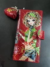 Hand Painted Leather Wallet With Minnie Coin Purse Keychain.