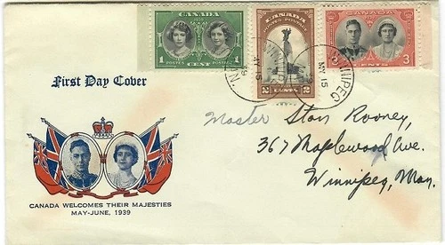 Canada 1939 Royal Visit FDC - Sc #246-48, Cachet: Portrait w/ Flags (UNK-16)
