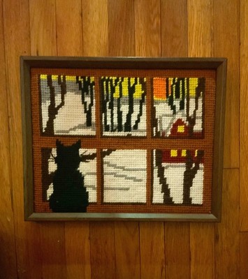 *Vtg Retro MCM 1978 Cross-stitch Cat In The Window Artwork Needlepoint 12x15