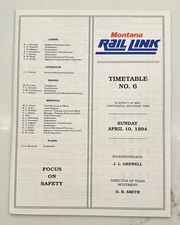 Montana Rail Link ETT No 6 4/10/1994 MRL employee timetable ID MT