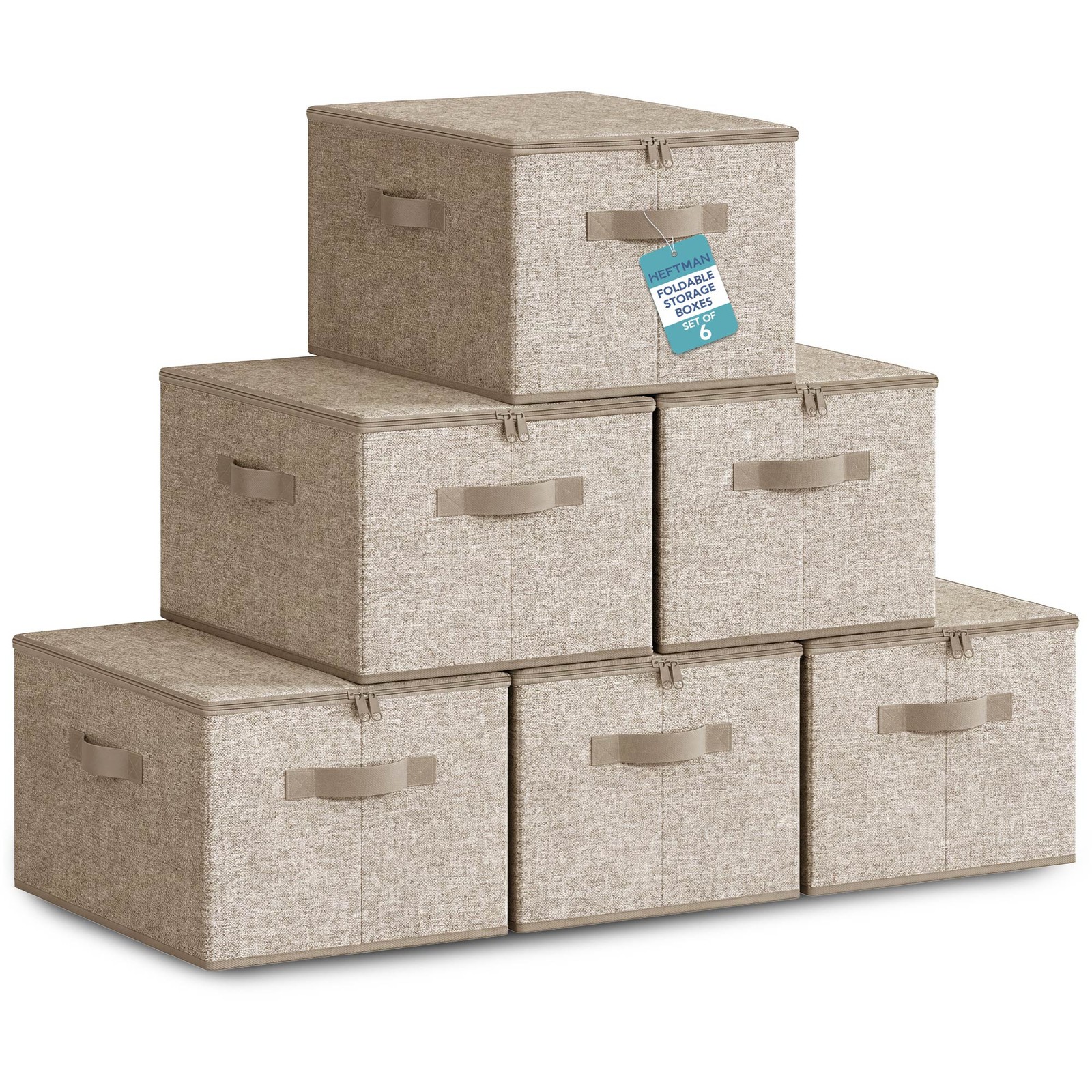 HEFTMAN Foldable Storage Boxes With Lids Fabric 40 X 30 X 25cm Beige Set of 6