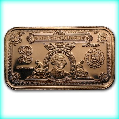 1 AVDP OZ COPPER BAR: 1899 $2 ''Porthole'' Banknote   .999 Fine Pure Copper