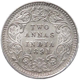 British Indien Victoria 2 Annas 1891 Silber vz. [w_5734]