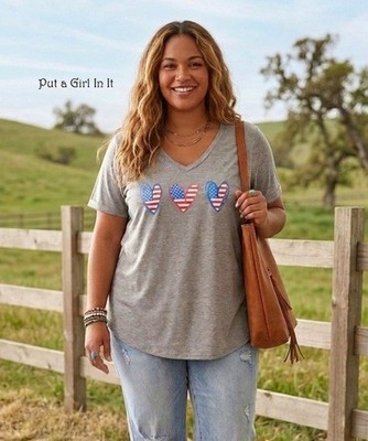 USA New Plus Size Women's Heather Gray American Flag Hearts T Shirt 1X 2X 3X