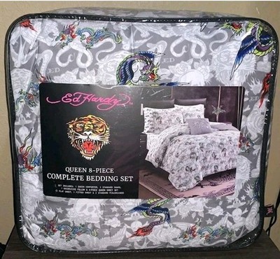 Ed Hardy Dragons &Tigers Tattoo Print QUEEN 8p Set Comforter,Shams,Sheets,Pillow