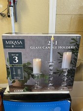 NEW Mikasa 2 In 1 Glass Candle Holders Set Of 3 Holds Taper Or Pillar Candles