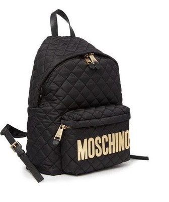 Moschino Milano 7B7608 Quilted Nylon Backpack Black Gold Logo Leather Trim NWT
