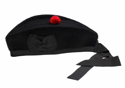 FITWORTH Chapeau Glengarry Écossais Laine Noire - Toorie Rouge & Ruban - Highland Traditionnel