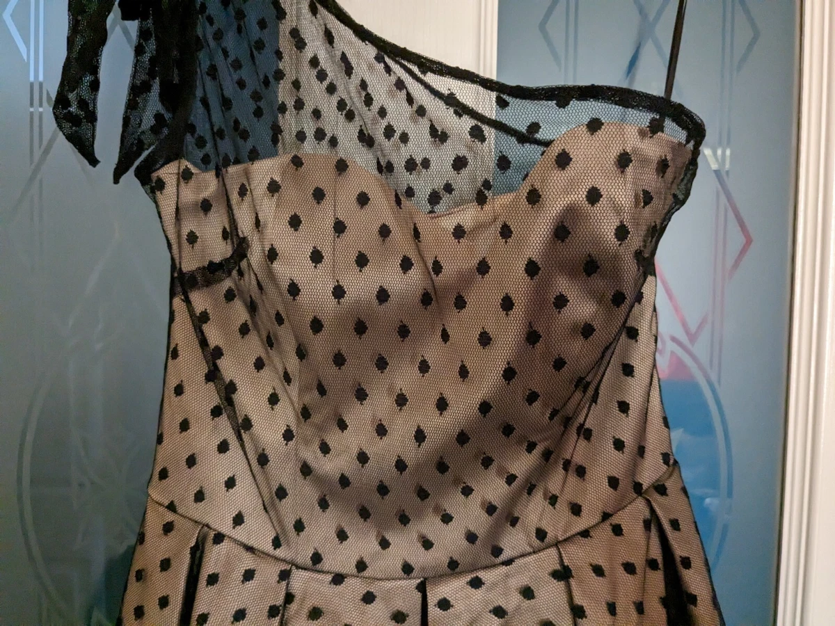 TOPSHOP One shoulder Champagne gold Black Polka dot tulle mini