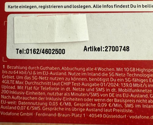 Prepaid SIM Karte mit Premium- Nummer - Vodafone NEU inkl. 10 € 01624602500