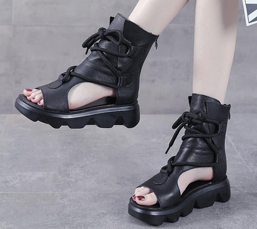 Mode Damen Schnürschuhe offene Zehenpartie weich flach Sommer Sandalen Leder Retro Schuhe - Bild 5 von 10