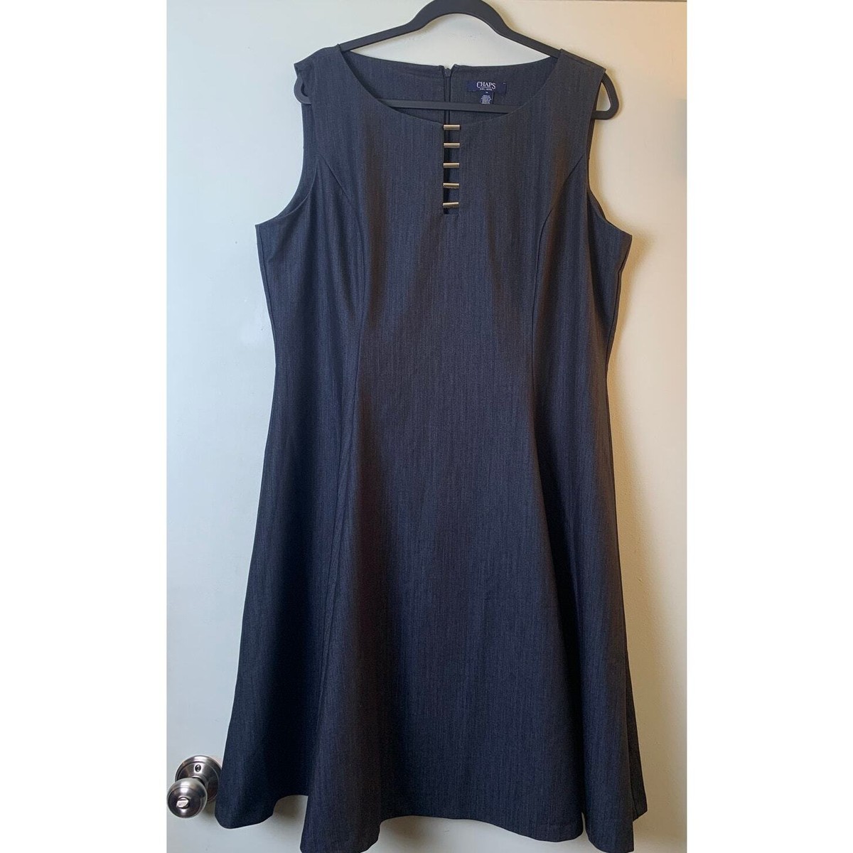 chaps navy blue dress Chaps Women's Dark Blue Sleeveless A-Line Zip Up Dress w Gold Accents