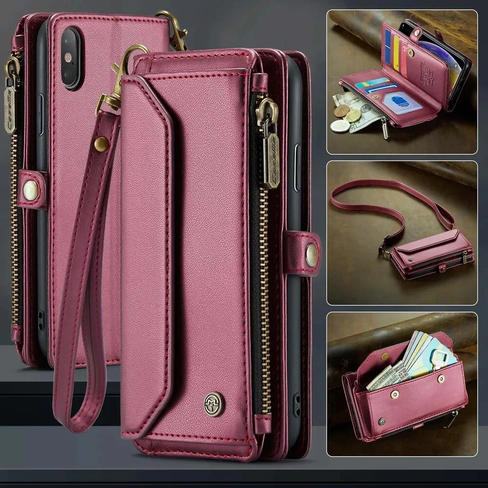 Zipper Wallet case For Apple iPhone X/XS Crossbody Shoulder Bags Card Cover - Image 2 of 4