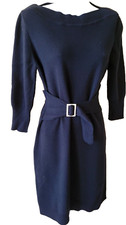AUTH 09A CHANEL WOOL CASHMERE BLEND NAVY BLUE GOLD CC BUCKLE SWEATER DRESS 42