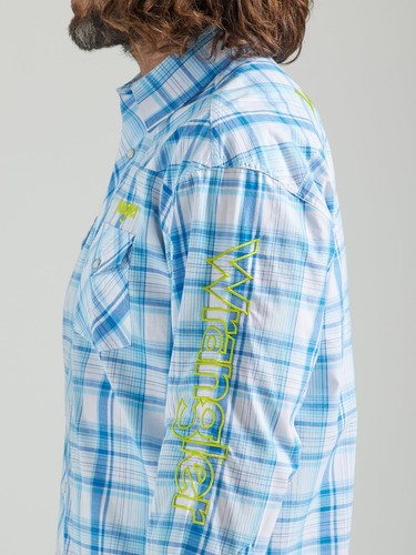 Wrangler Logo Men's Sea Blue Plaid Long Sleeve Western Snap Shirt 112324644 - Picture 3 of 5
