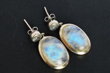 Real Flashy Rainbow Moonstone Oval Dangle Earrings 925 Silver Blue Topaz Jewelry