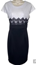 Juniors Sleeveless Sheath Dress S White Black Lace Detail Short Sleeves Knee  