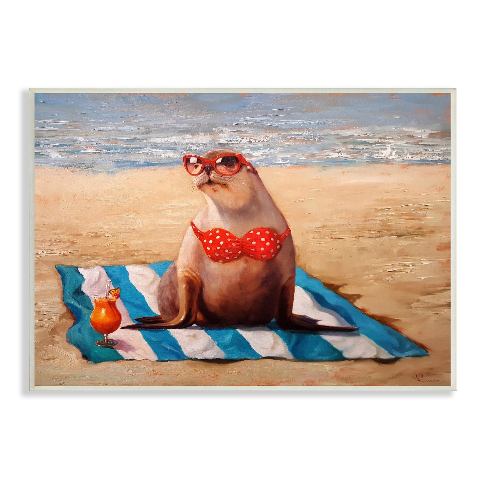 Stupell Polka Dot Bikini Sea Lion Tropical Drink Beach Scene