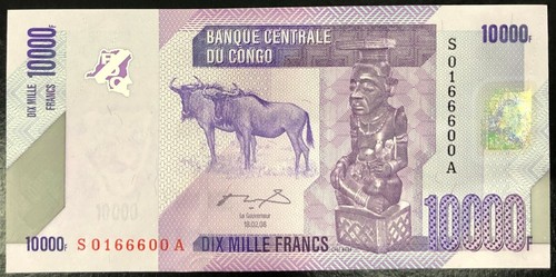 CONGO-10000 FRANCS-2006-SERIAL NUMBER 0166600-PICK 103a , UNC . - Picture 1 of 2