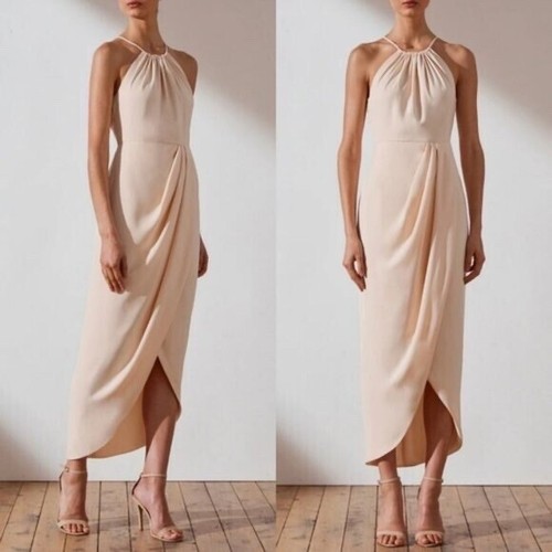 SHONA JOY Core High Neck Ruched Nude Midi Dress/Size 8 AU & UK/BNWT RRP $280 - Imagen 3 de 11