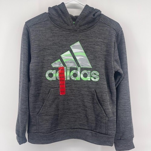 New Adidas Hoodie Pullover Sweatshirt Big Logo Activewear Top Gray Green Kids M - Picture 2 of 5