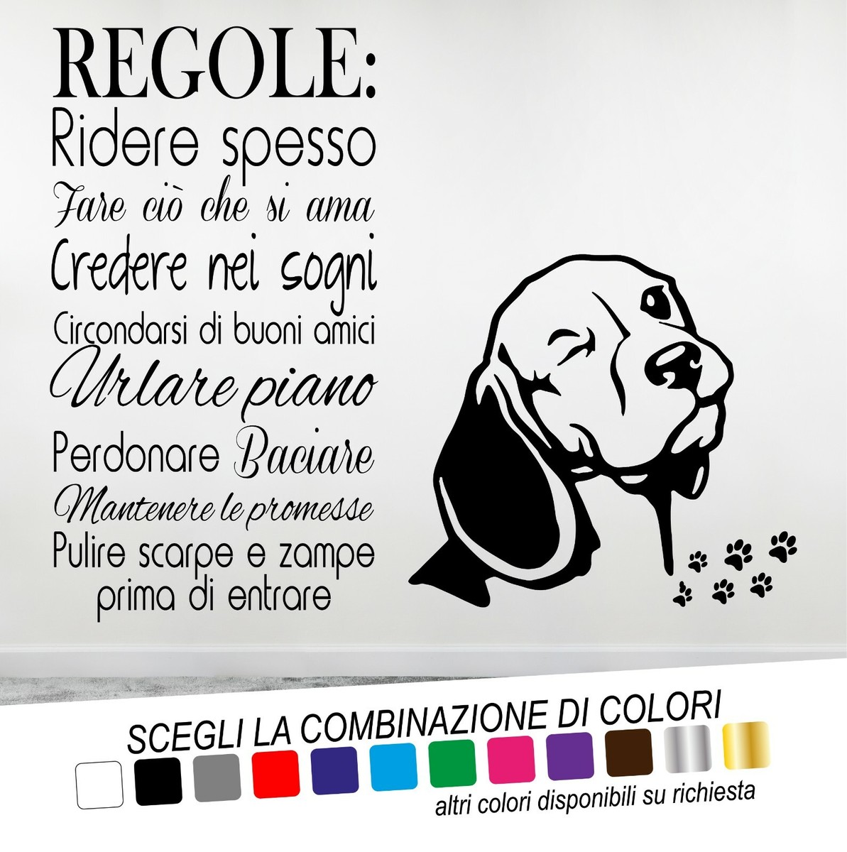 Adesivo Murale Frase REGOLE della CASA Orma Zampa CANE CAVALIER