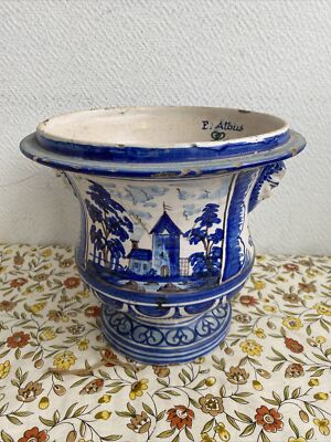 ANCIEN GROS CACHE Pot Blanc Décoré de Bateau Vague Bleu Ciel EUR 18,61