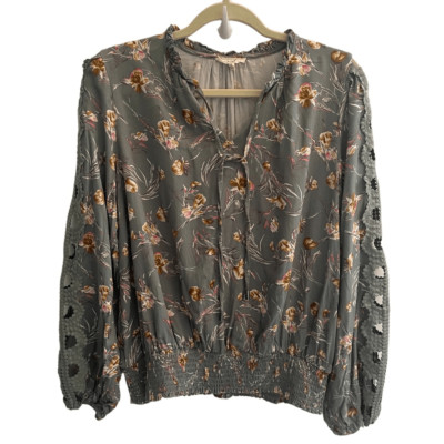 Easel Green Floral Artsy Long Sleeve Boho Peasant Top Women s Size Small 4 6