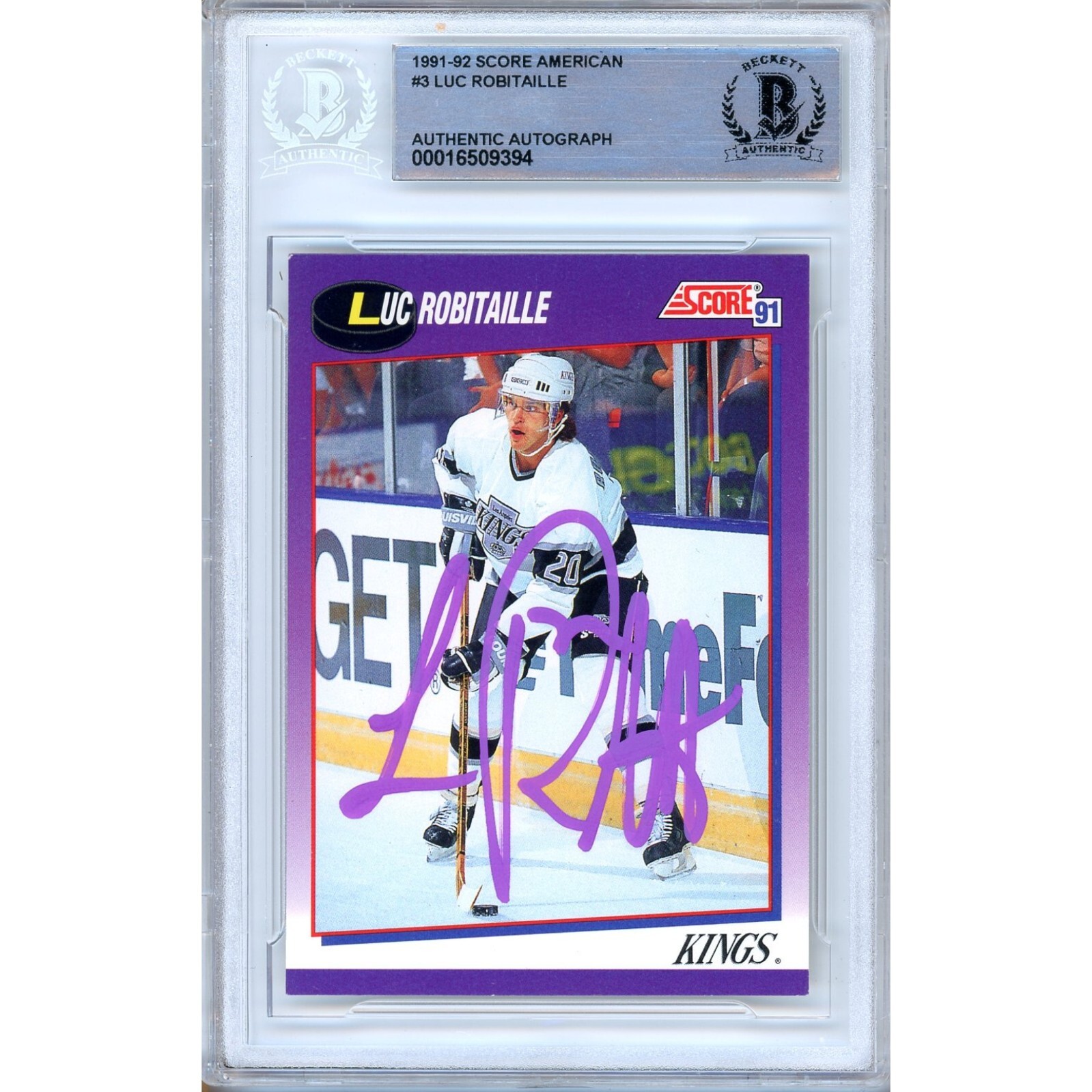 Luc Robitaille Los Angeles Kings Auto 91-92 Score Hockey BAS Auth Autograph Slab