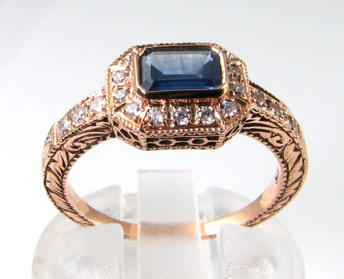Anillo Halo De Zafiro Rectangular 9K Oro Rosa Y Diamante Cluster Talla Libre